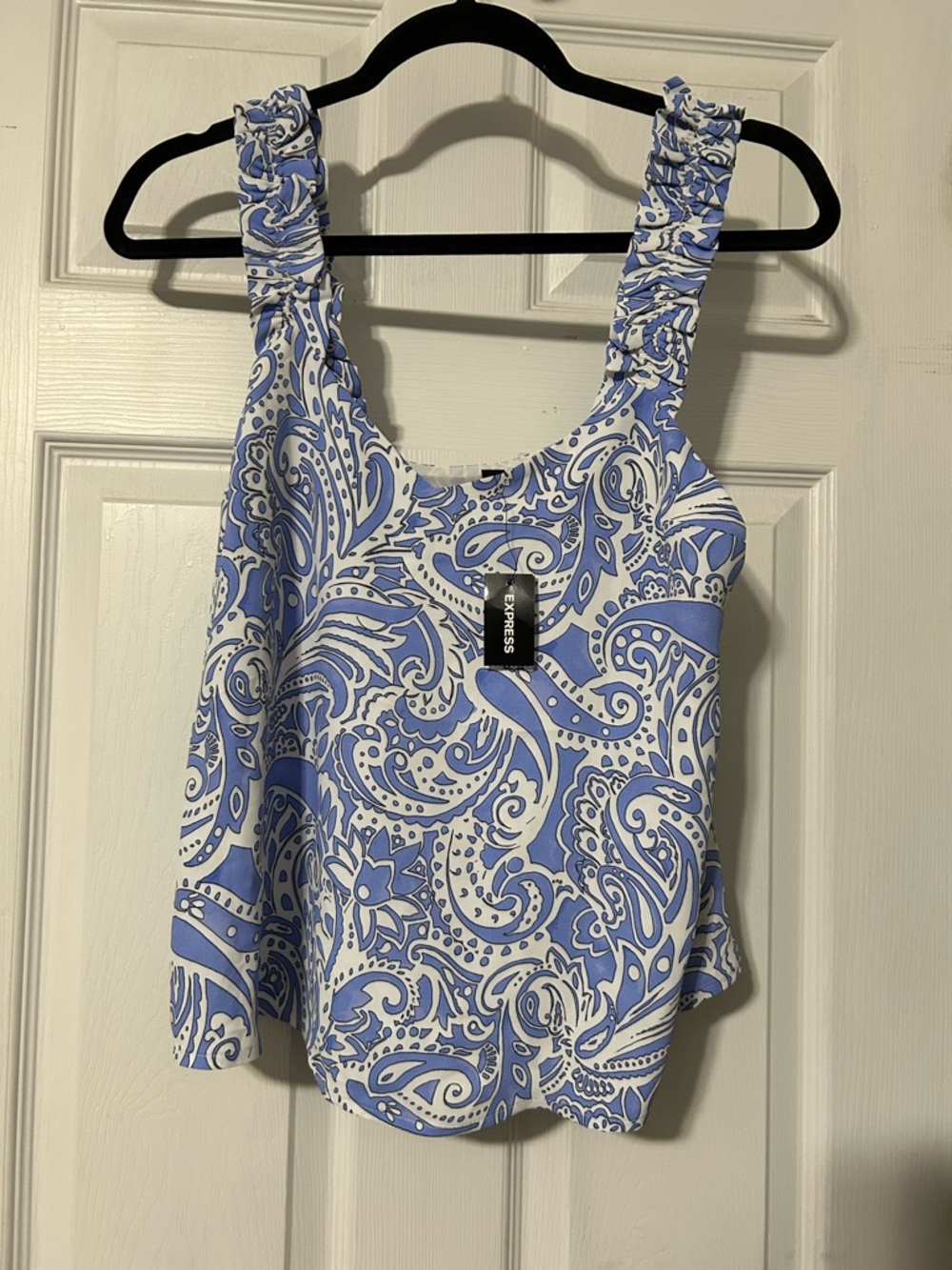 Express Blue & White Paisley Ruffle-Strap Camisole top